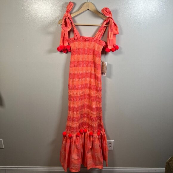 Sundress Piper Maxi Dress Size Medium Large Neon Coral Gingham Vacation Resort - Picture 2 of 11